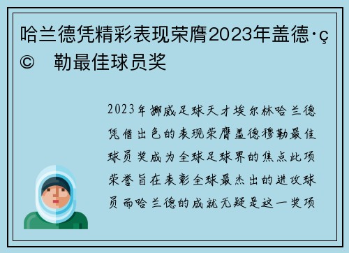 哈兰德凭精彩表现荣膺2023年盖德·穆勒最佳球员奖 哈兰德凭精彩表现荣膺2023年盖德·穆勒最佳球员奖